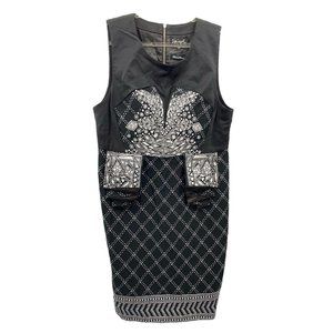 VINTAGE SPIEGEL WOMEN MIDI PENCIL SHEATH BLACK GEOMETRIC PATTERN DRESS SZE‎ 14